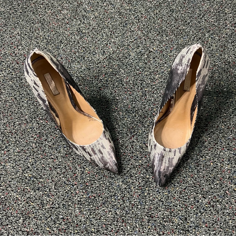 SCHUTZ Grey Black White Metallic Leather Snakeskin Print Pumps Stiletto Heel 6.5 - Picture 11 of 16